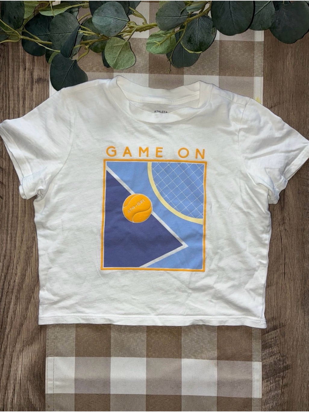 Athleta Girl White "Game On" Graphic Tee - Yellow & Blue Tennis Design